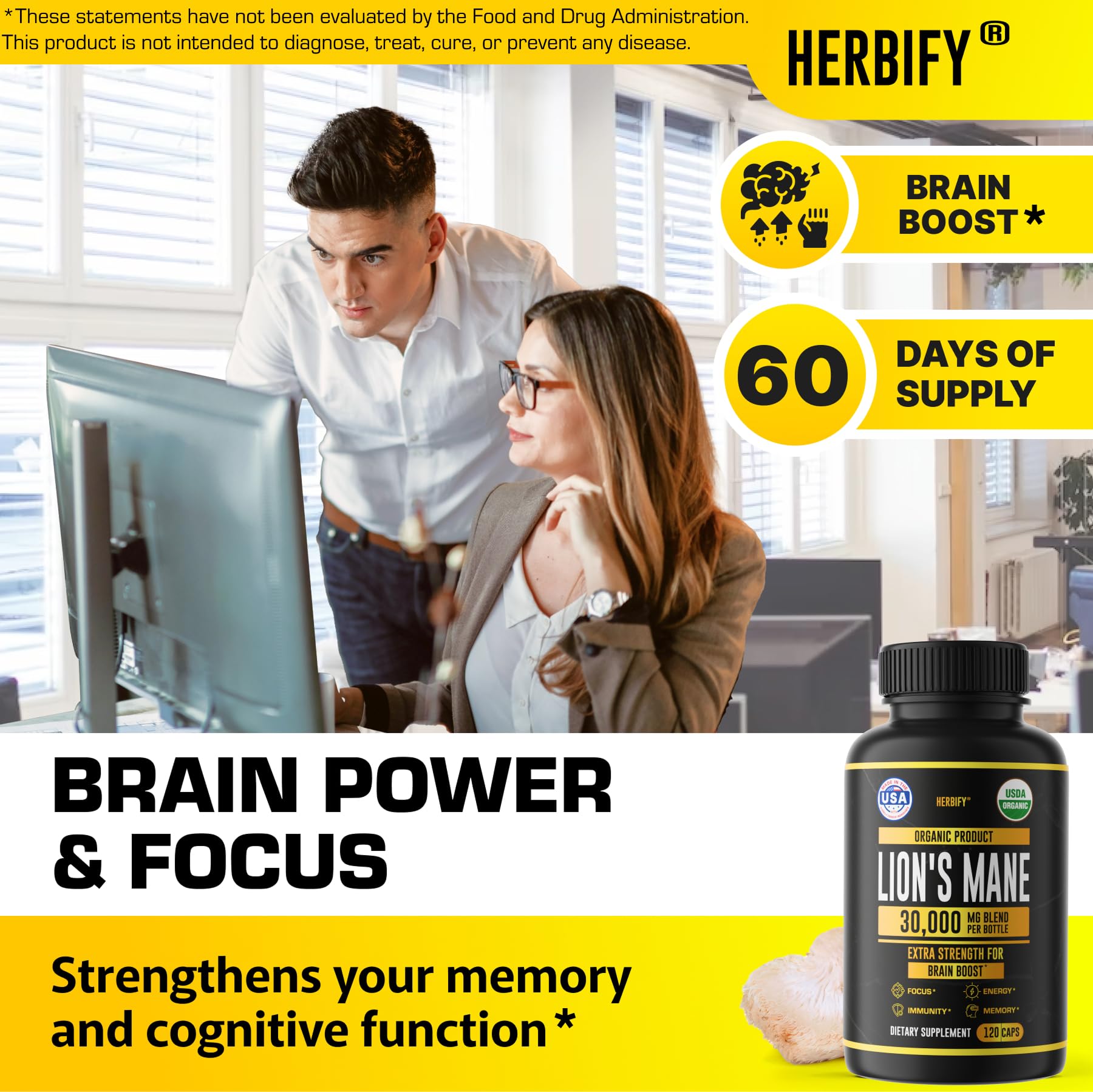 HERBIFY Lions Mane Supplement - Daily Mushroom Supplement for Memory, Focus & Clarity - Brain Booster - Lions Mane Tincture for Immune Support - 4 Fl oz - PrimeBioHealth - canada supplements