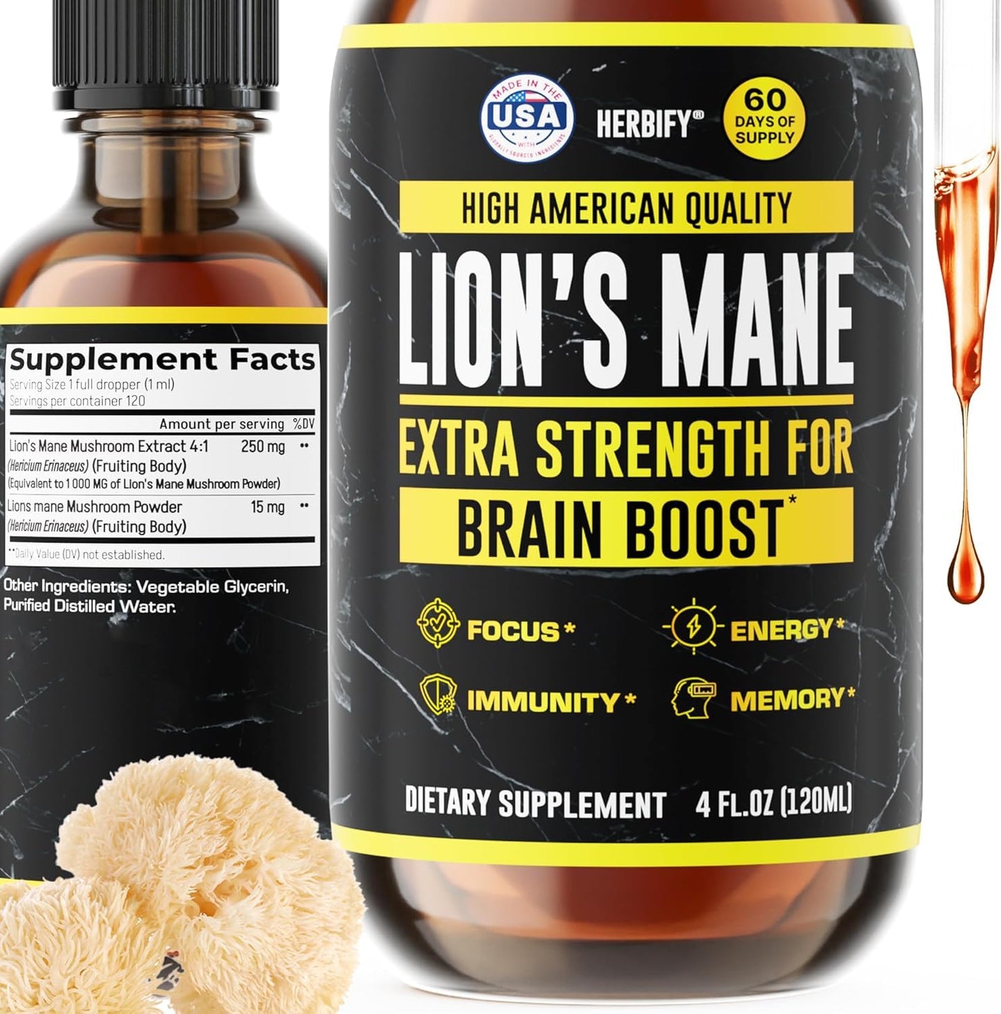 HERBIFY Lions Mane Supplement - Daily Mushroom Supplement for Memory, Focus & Clarity - Brain Booster - Lions Mane Tincture for Immune Support - 4 Fl oz - PrimeBioHealth - canada supplements
