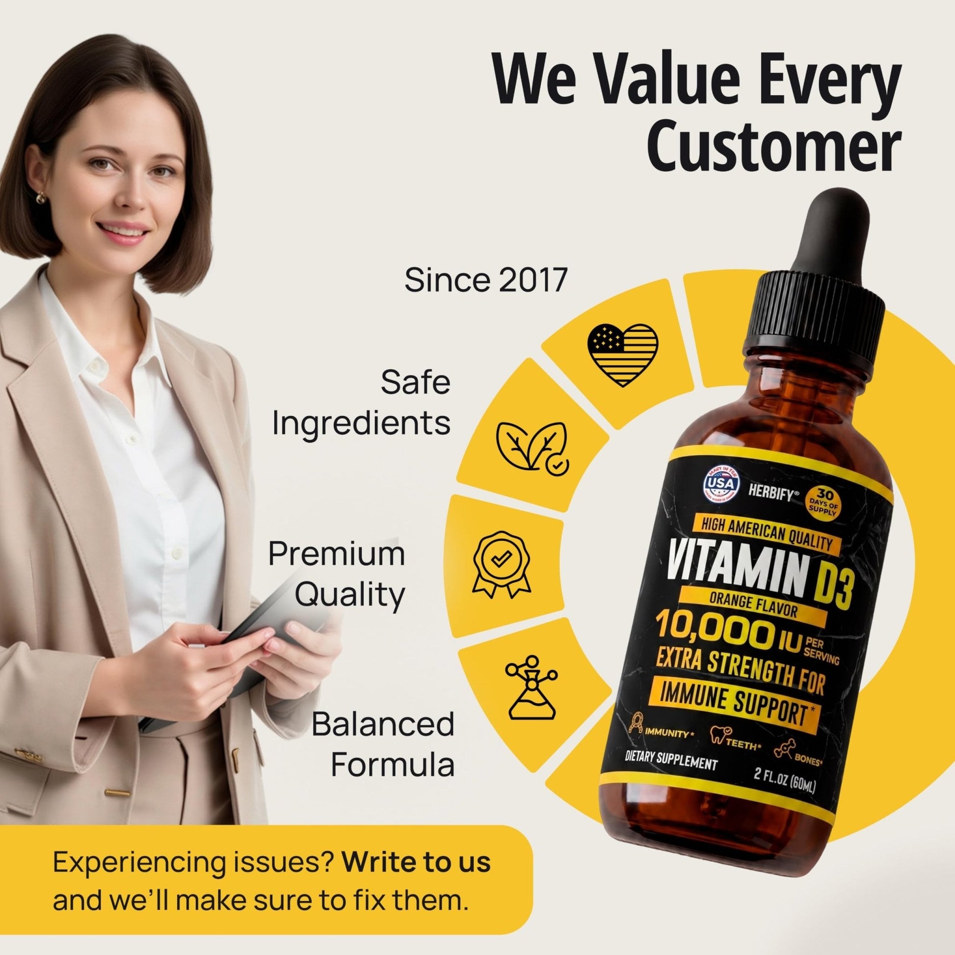 HERBIFY Vitamin D3 10000 IU - Made in USA Liquid Vitamin D Drops - Bone Strength and Immune Support Supplement - Sunshine Replacement - D3 Vitamin Bone and Teeth Supplement - 30 Days Supply - 2 Oz - PrimeBioHealth - canada supplements
