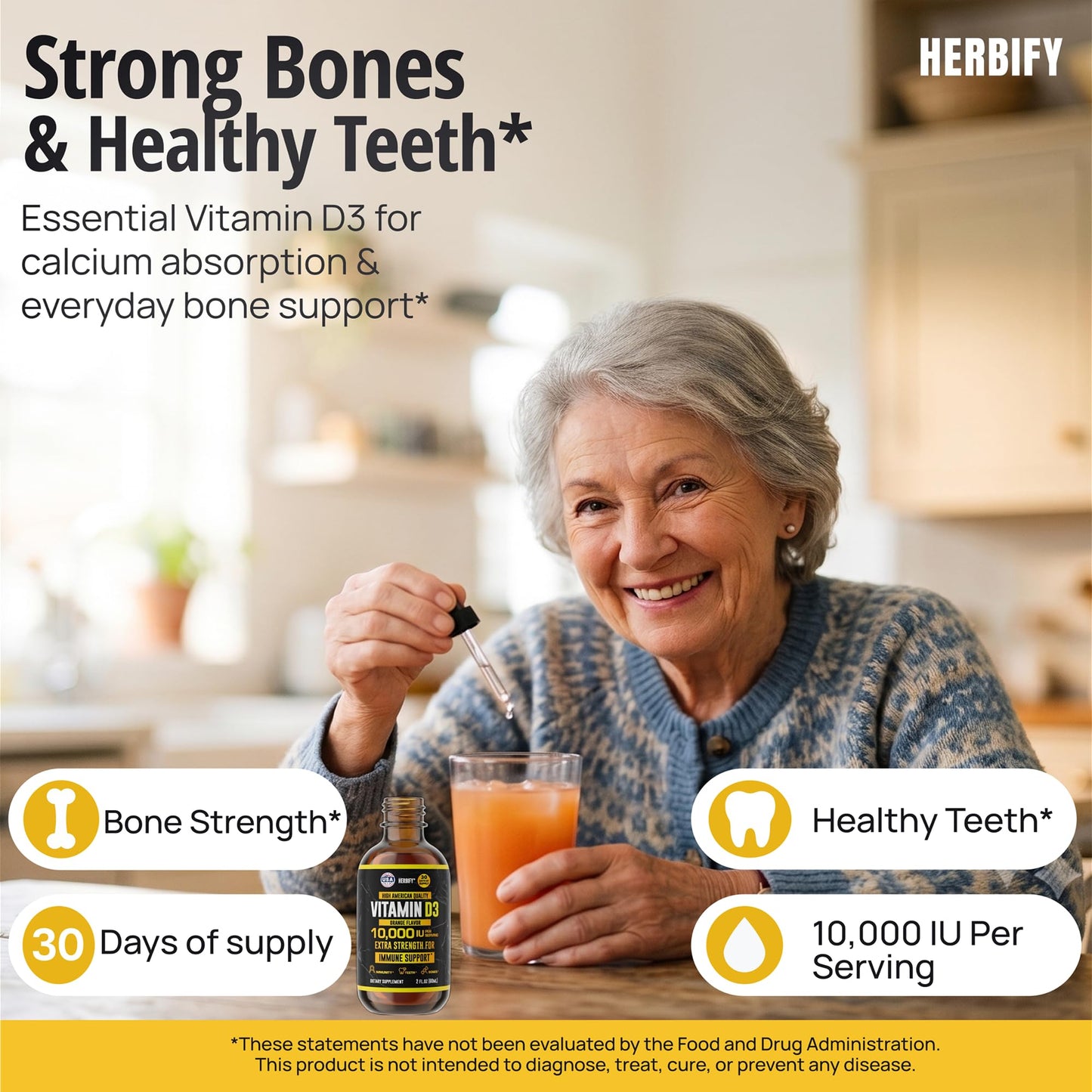 HERBIFY Vitamin D3 10000 IU - Made in USA Liquid Vitamin D Drops - Bone Strength and Immune Support Supplement - Sunshine Replacement - D3 Vitamin Bone and Teeth Supplement - 30 Days Supply - 2 Oz - PrimeBioHealth - canada supplements