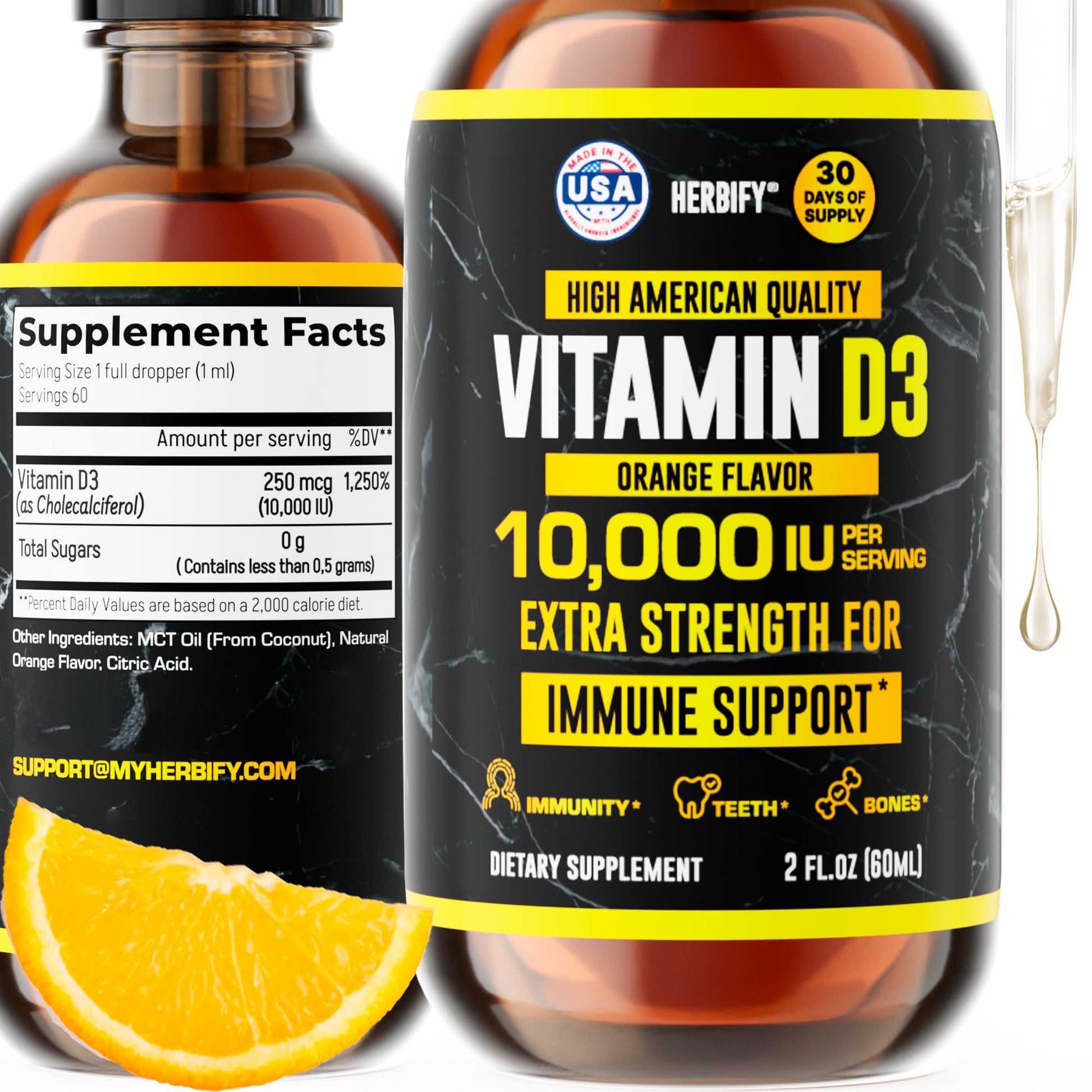 HERBIFY Vitamin D3 10000 IU - Made in USA Liquid Vitamin D Drops - Bone Strength and Immune Support Supplement - Sunshine Replacement - D3 Vitamin Bone and Teeth Supplement - 30 Days Supply - 2 Oz - PrimeBioHealth - canada supplements