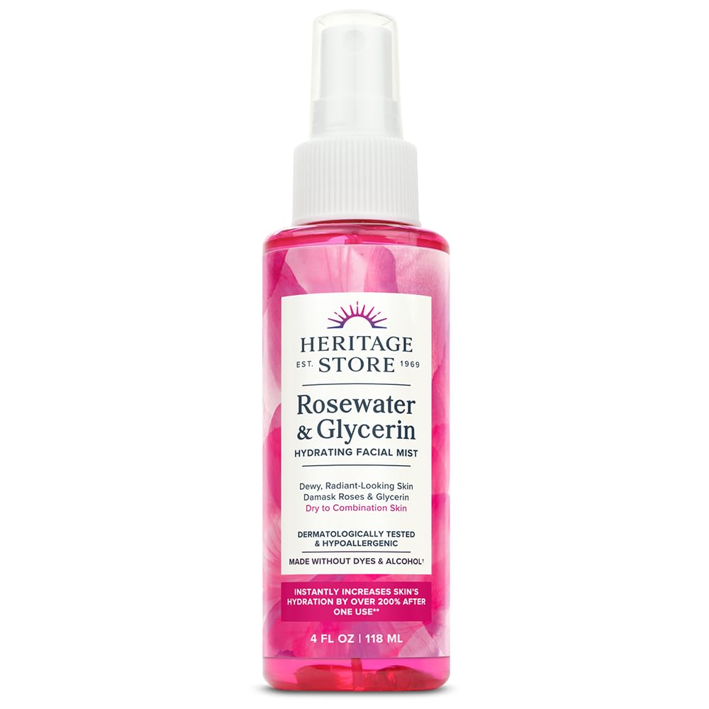 HERITAGE STORE Rosewater & Glycerin Hydrating Facial Mist - Dry Combination Skin Care - Rose Water Spray w/Vegetable Glycerine, Made Without Dyes or Alcohol, Hypoallergenic, 12 FL OZ - PrimeBioHealth - canada supplements