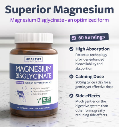 High Absorption Magnesium Bisglycinate Capsules - Clinically Validated Buffered and Chelated Magnesium Supplement - 1 Daily Vegan Capsule with Lab Verified Gentle 200mg Serving (4 Month Supply) - PrimeBioHealth - canada supplements
