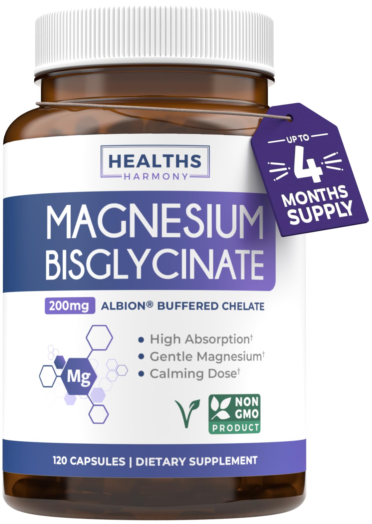 High Absorption Magnesium Bisglycinate Capsules - Clinically Validated Buffered and Chelated Magnesium Supplement - 1 Daily Vegan Capsule with Lab Verified Gentle 200mg Serving (4 Month Supply) - PrimeBioHealth - canada supplements