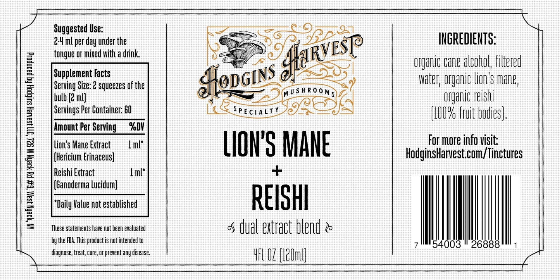 Hodgins Harvest Organic Lion's Mane Fruiting Body Extract Tincture - Mushroom Supplement for Brain Health and Mental Focus - Dual Extract Formula - Extra Concentrated - 4 fl oz Bottle - PrimeBioHealth - canada supplements
