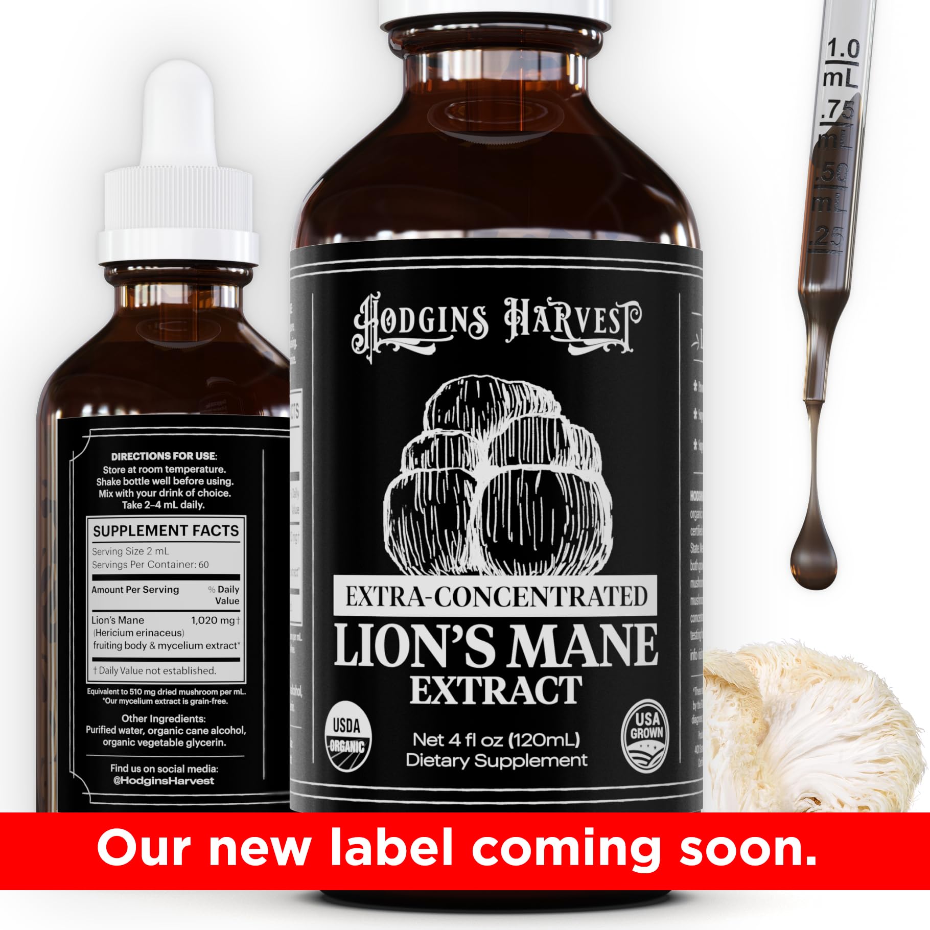 Hodgins Harvest Organic Lion's Mane Fruiting Body Extract Tincture - Mushroom Supplement for Brain Health and Mental Focus - Dual Extract Formula - Extra Concentrated - 4 fl oz Bottle - PrimeBioHealth - canada supplements