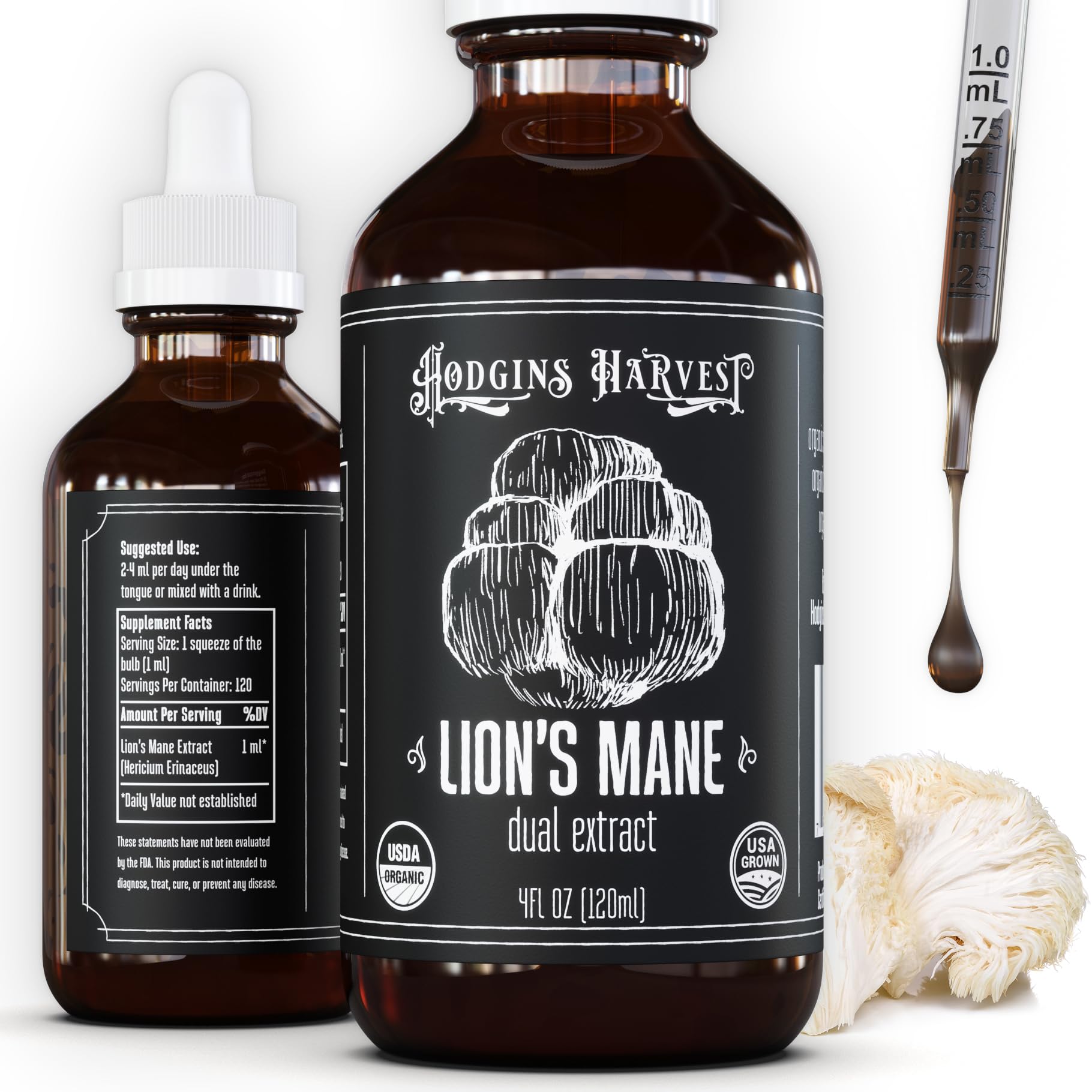 Hodgins Harvest Organic Lion's Mane Fruiting Body Extract Tincture - Mushroom Supplement for Brain Health and Mental Focus - Dual Extract Formula - Extra Concentrated - 4 fl oz Bottle - PrimeBioHealth - canada supplements
