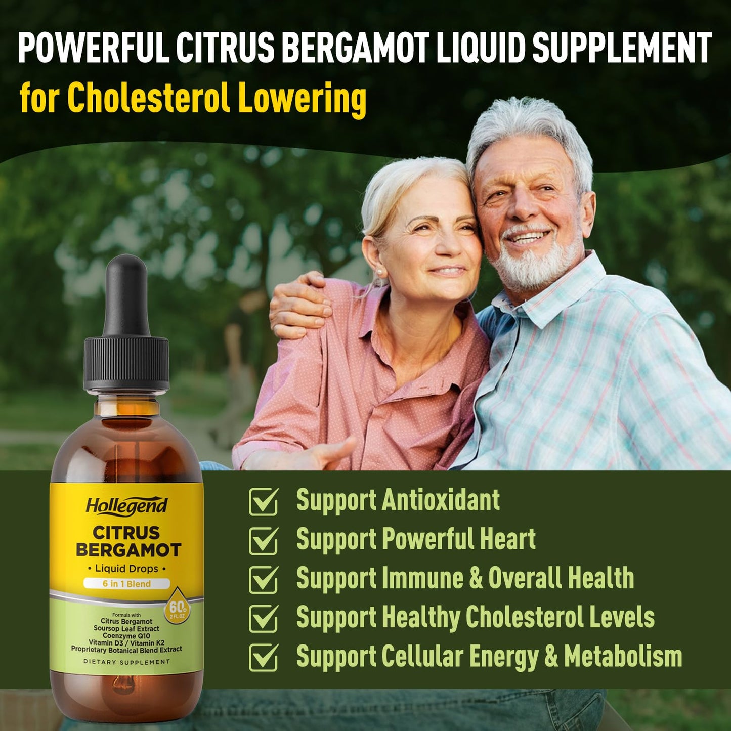 HOLLEGEND Citrus Bergamot Liquid Drops, Organic Citrus Bergamot 1000mg Supplement, Plus Soursop, CoQ10, Vitamin D3, K2, - PrimeBioHealth - canada supplements