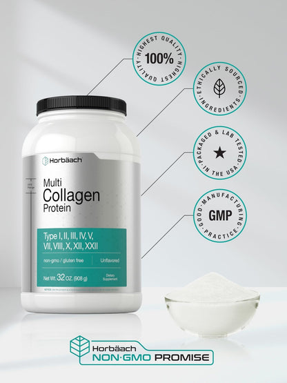 Horbaach Multi Collagen Protein Powder 32 oz | Types I, II, III, IV, V, VII, VIII, X, XII, and XXII | Grassfed Collagen Peptides - PrimeBioHealth - canada supplements