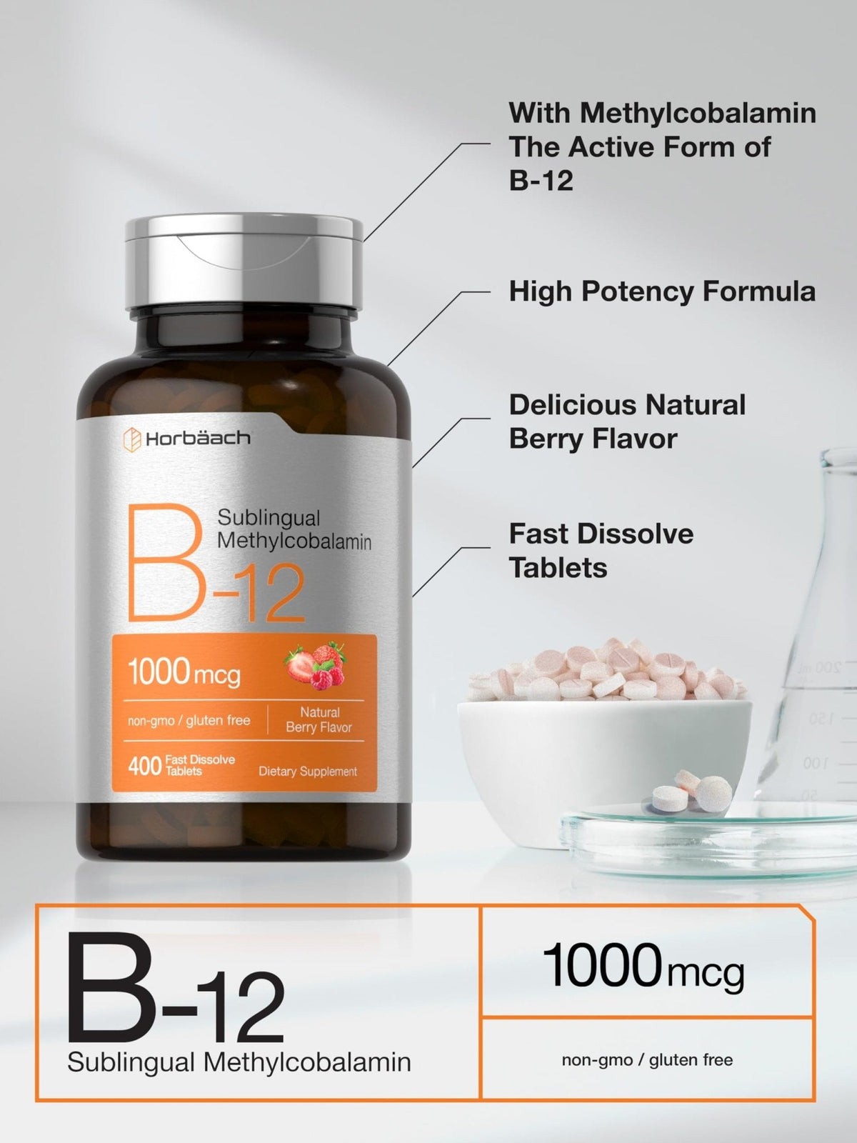 Horbaach Vitamin B12 1000 mcg Sublingual | 400 Fast Dissolve Tablets | Methylcobalamin Supplement for Women and Men - PrimeBioHealth - canada supplements