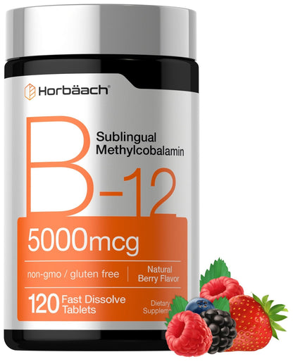 Horbäach B12 Vitamin 5000 mcg | 120 Fast Dissolve Tablets | Sublingual Methylcobalamin | Natural Berry Flavor | Vegan, Non-GMO & Gluten Free Supplement - PrimeBioHealth - canada supplements