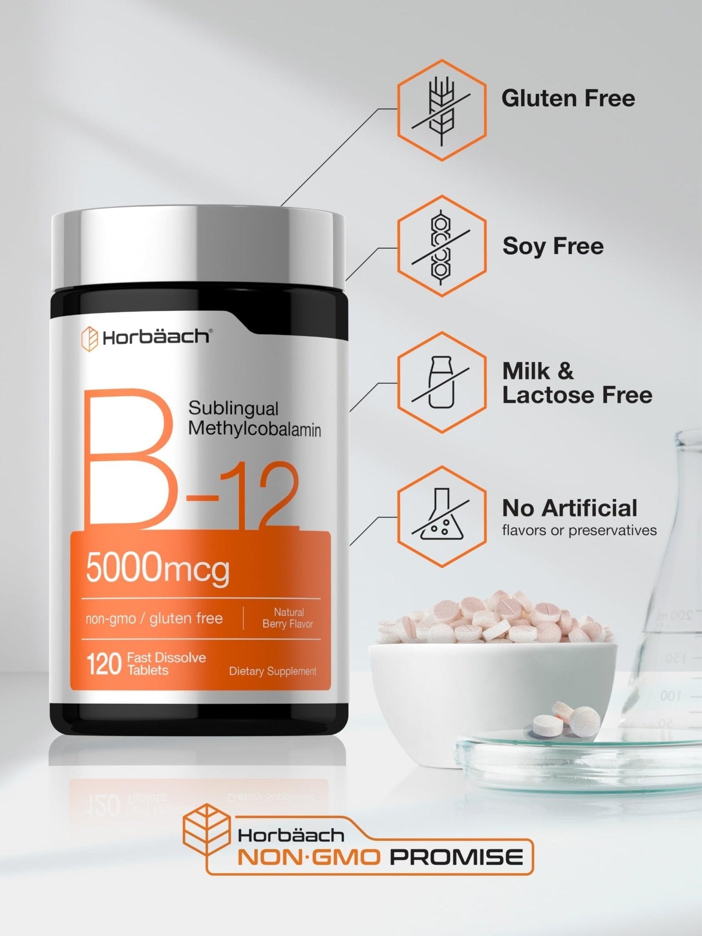 Horbäach B12 Vitamin 5000 mcg | 120 Fast Dissolve Tablets | Sublingual Methylcobalamin | Natural Berry Flavor | Vegan, Non-GMO & Gluten Free Supplement - PrimeBioHealth - canada supplements