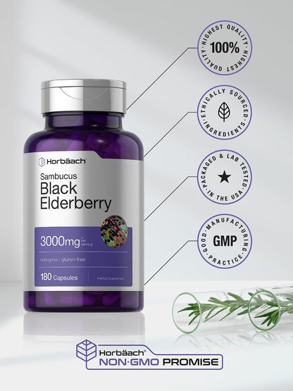 Horbäach Black Elderberry | 180 Count | Non-GMO, Gluten Free | Sambucus Extract Supplement - PrimeBioHealth - canada supplements
