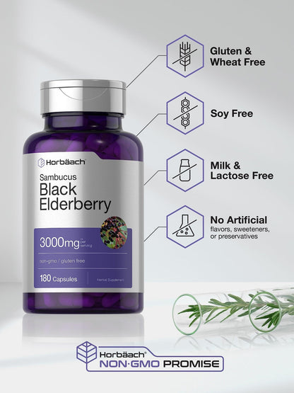 Horbäach Black Elderberry | 180 Count | Non-GMO, Gluten Free | Sambucus Extract Supplement - PrimeBioHealth - canada supplements