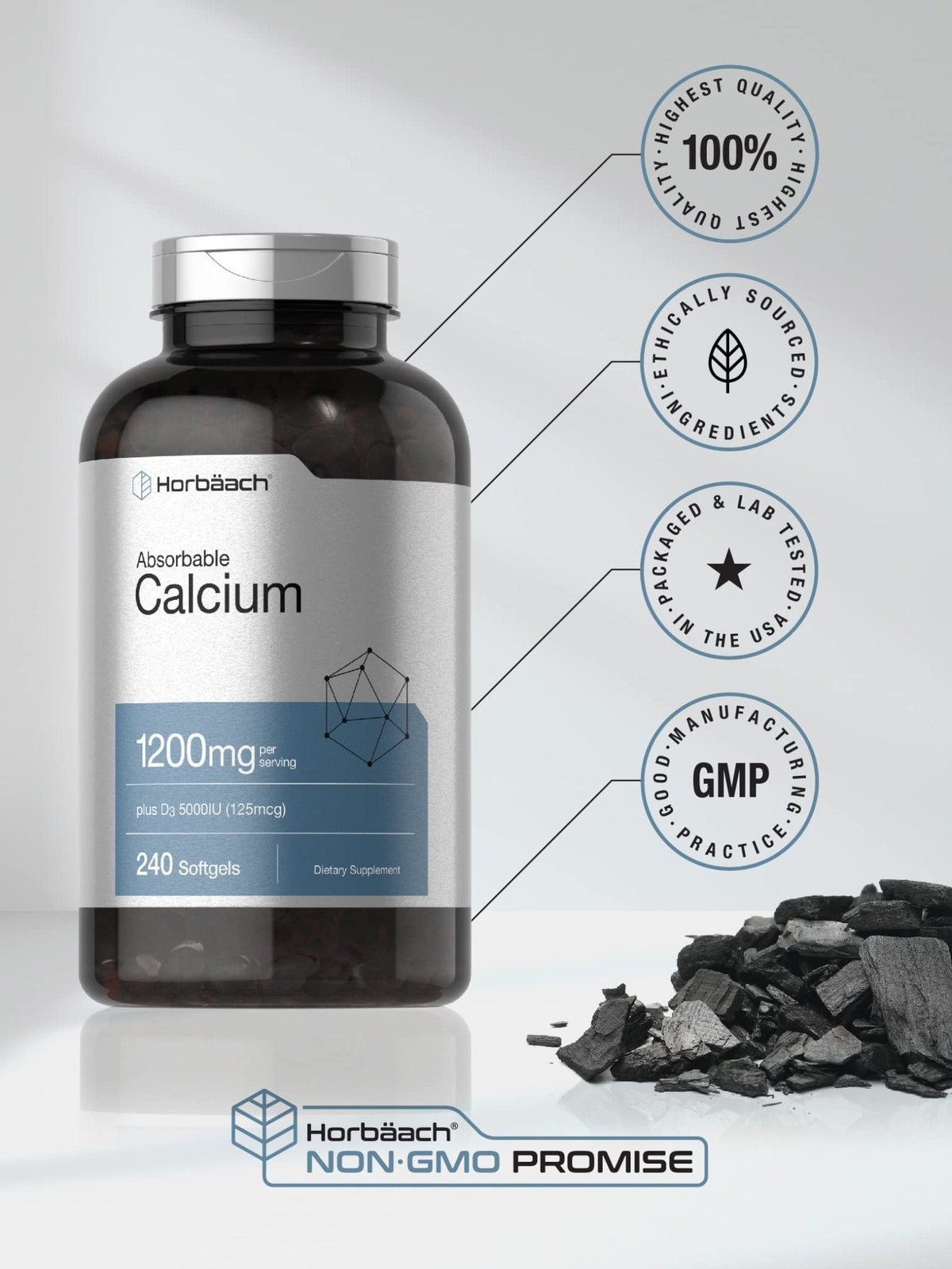 Horbäach Calcium 1200 mg with Vitamin D3 | 240 Softgels | 5000 IU Vitamin D3 | Absorbable Calcium Supplement for Women and Men - PrimeBioHealth - canada supplements