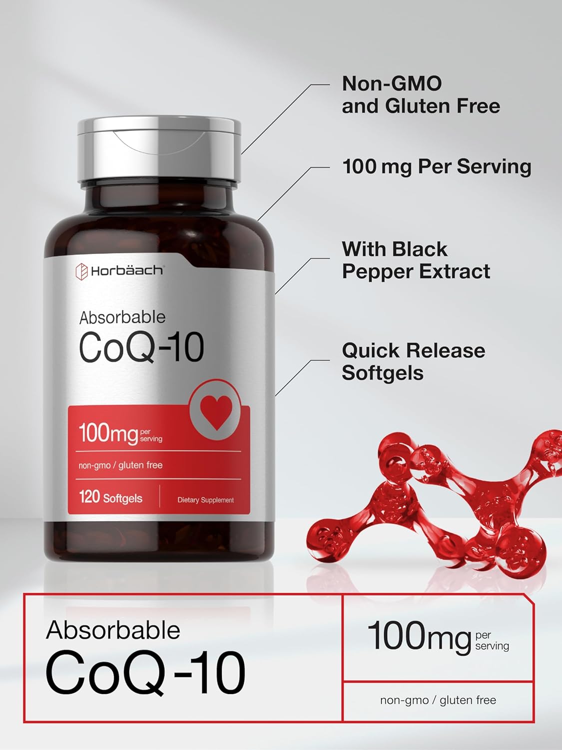 Horbäach CoQ10 100mg Softgels | 120 Count | Non-GMO and Gluten Free Supplement - PrimeBioHealth - canada supplements