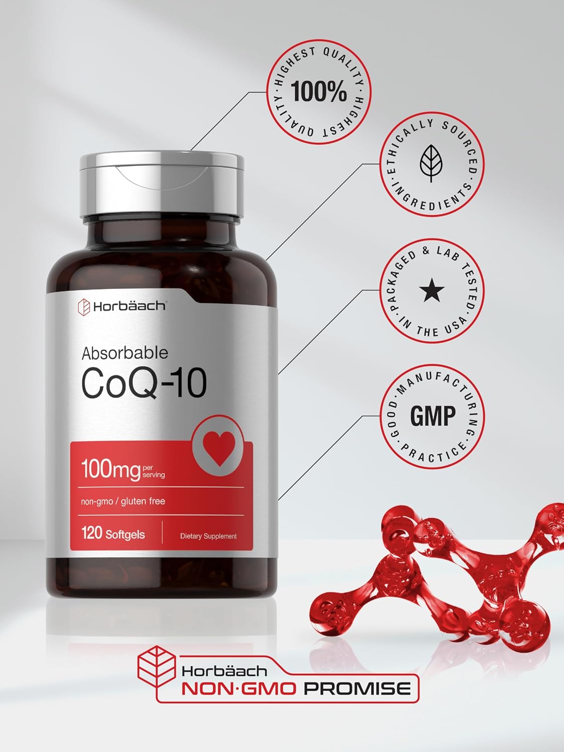 Horbäach CoQ10 100mg Softgels | 120 Count | Non-GMO and Gluten Free Supplement - PrimeBioHealth - canada supplements