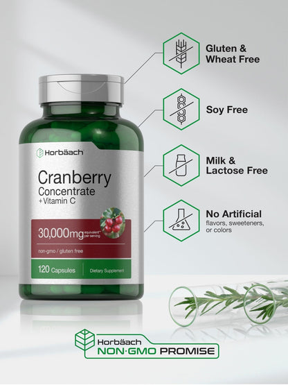Horbäach Cranberry Concentrate Extract Pills + Vitamin C | 120 Capsules | Supplement for Women and Men | Triple Strength Ultimate Potency Formula | Non-GMO and Gluten Free - PrimeBioHealth - canada supplements