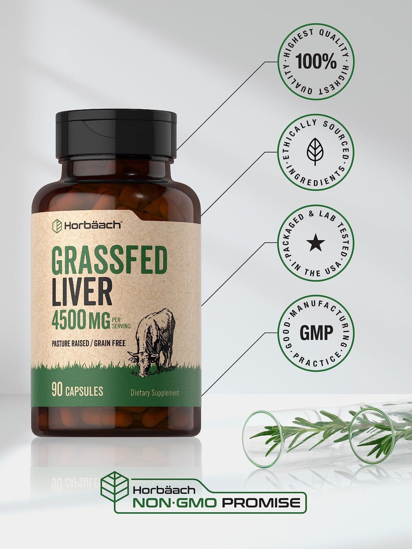 Horbäach Grass Fed Beef Liver | 4500mg | 90 Capsules | Desiccated, Pasture Raised, Grain Free, Non-GMO Supplement - PrimeBioHealth - canada supplements