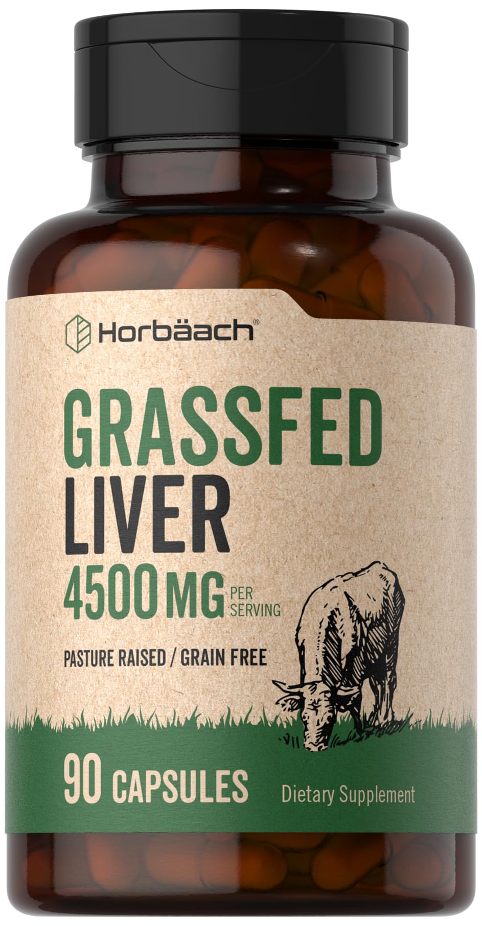 Horbäach Grass Fed Beef Liver | 4500mg | 90 Capsules | Desiccated, Pasture Raised, Grain Free, Non-GMO Supplement - PrimeBioHealth - canada supplements