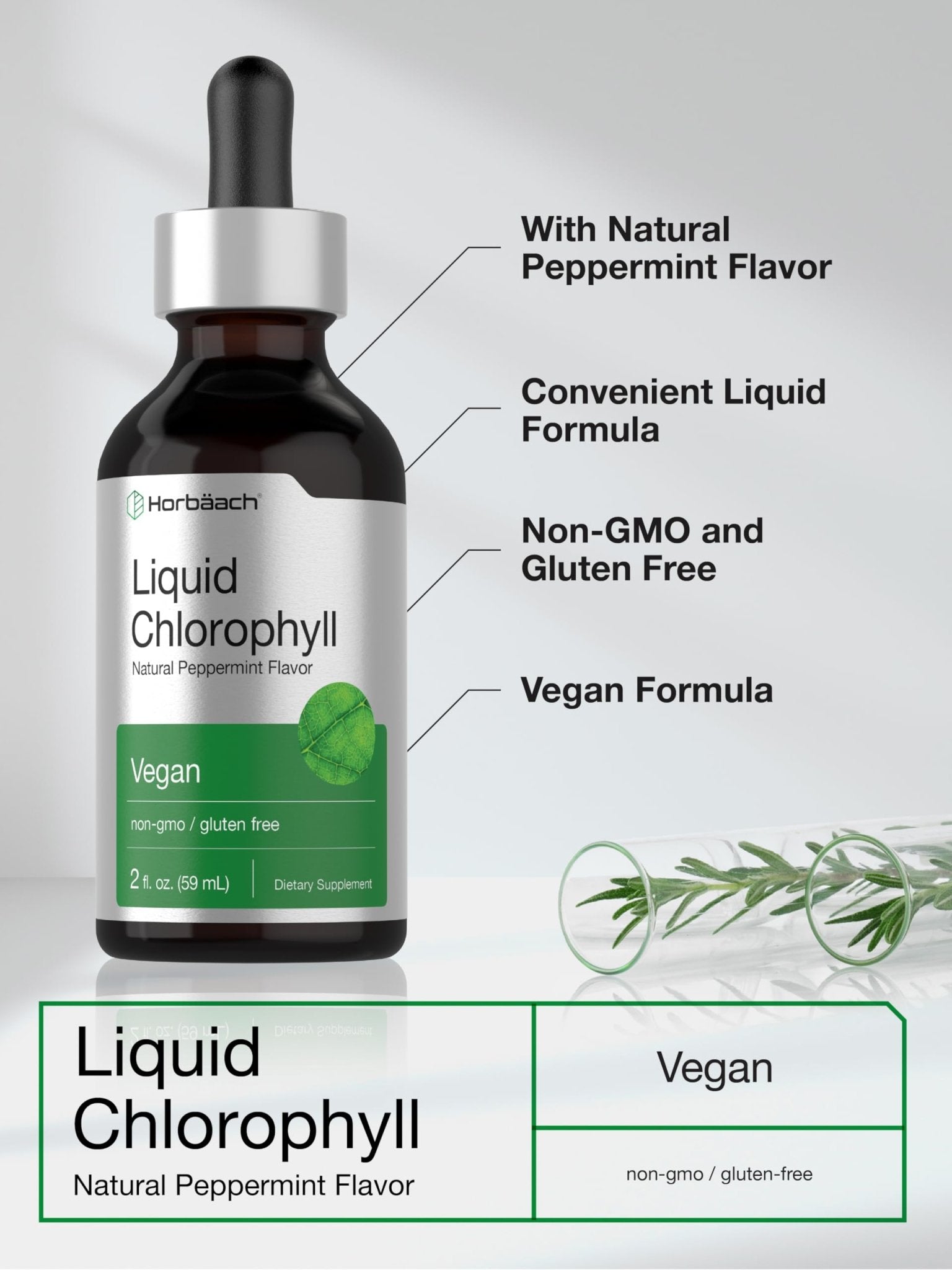 Horbäach Liquid Chlorophyll Drops | 2 oz | Vegan, Non-GMO, and Gluten Free Formula | Natural Peppermint Flavor - PrimeBioHealth - canada supplements