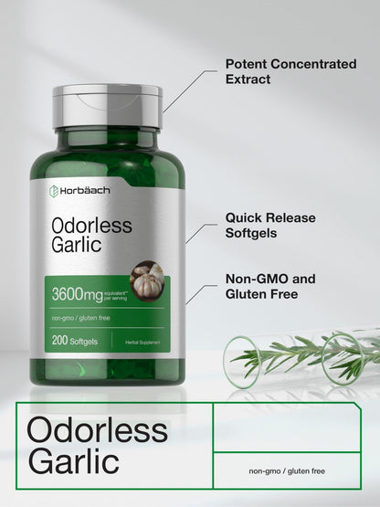 Horbäach Odorless Garlic Softgel Supplement | 200 Count | Ultra Potent Concentrated Herbal Extract | Non-GMO & Gluten Free - PrimeBioHealth - canada supplements