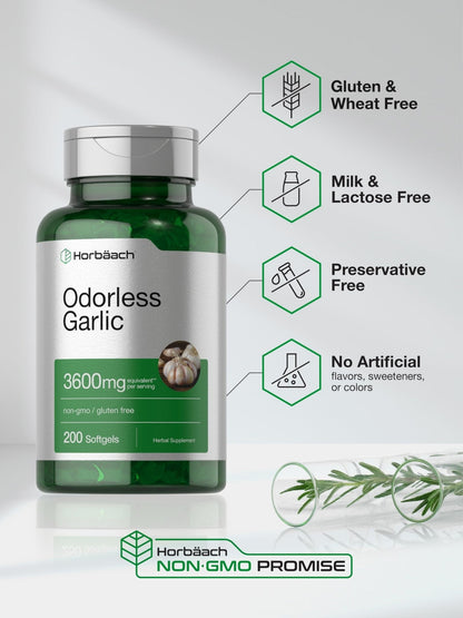 Horbäach Odorless Garlic Softgel Supplement | 200 Count | Ultra Potent Concentrated Herbal Extract | Non-GMO & Gluten Free - PrimeBioHealth - canada supplements