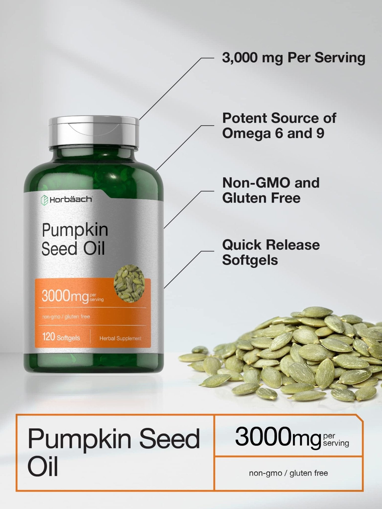 Horbäach Pumpkin Seed Oil | 3000mg | 120 Softgel Capsules | Cold Pressed Dietary Supplement | Non-GMO and Gluten Free Formula - PrimeBioHealth - canada supplements