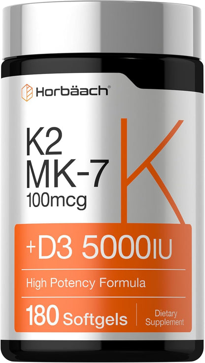 Horbäach Vitamin D3 K2 5000 iu | 100mcg MK-7 Complex | 180 Softgel Capsules | Non-GMO & Gluten Free Supplement - PrimeBioHealth - canada supplements