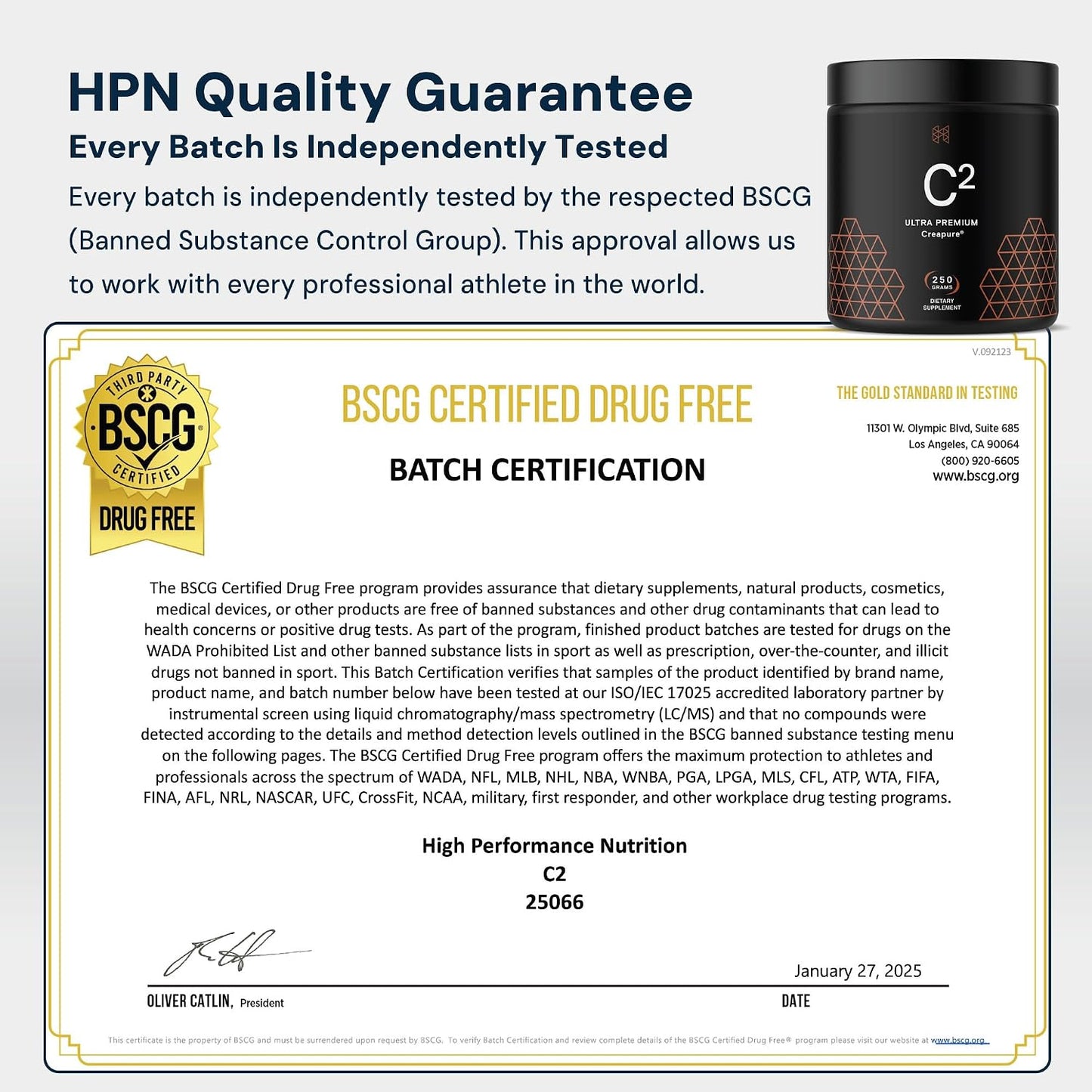 HPN C2 Creatine Monohydrate for Performance, Recovery, Strength, Working Out, Vegan, Non-GMO, Dairy and Soy Free, Independently Tested, Ultrapure Premium Creapure (100 Servings) - PrimeBioHealth - canada supplements
