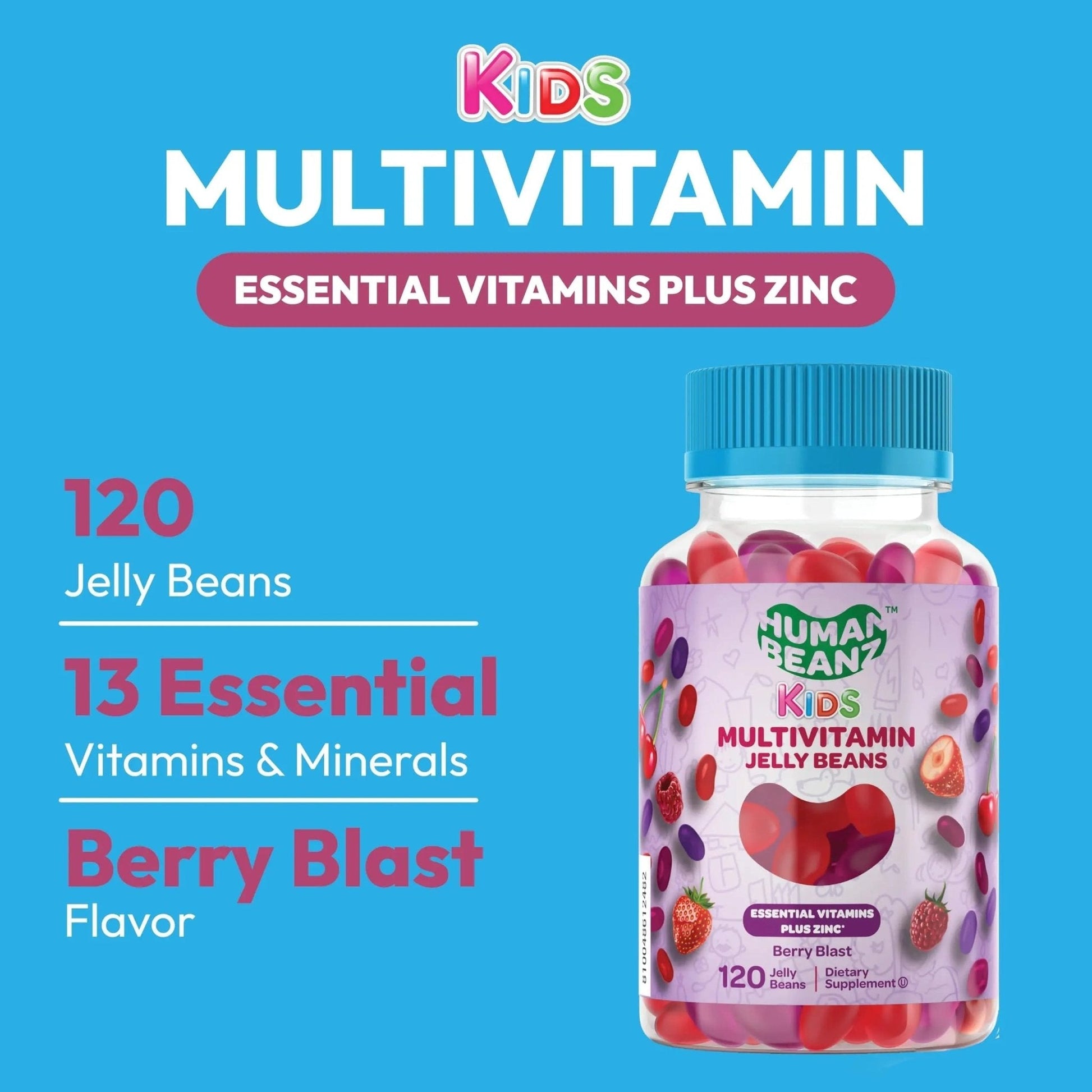 Human Beanz Multivitamin Jelly Bean Gummies with Zinc for Kids, Immune Support Dietary Supplements, Vegetarian, 120 Berry Blast Jelly Beans, Kosher - PrimeBioHealth - canada supplements