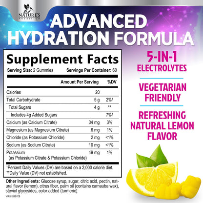 Hydration Electrolyte Gummies - Daily Liquid Replenisher Gummy - Electrolyte Multiplier with Minerals, Potassium & Real Salt - Vegan, Non-GMO - Tasty Lemon Flavor Hydration Electrolytes - PrimeBioHealth - canada supplements