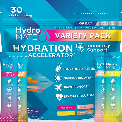 HydroMATE Electrolyte Powder Variety Pack Hydration Packets Low Sugar 30 Count - PrimeBioHealth - canada supplements