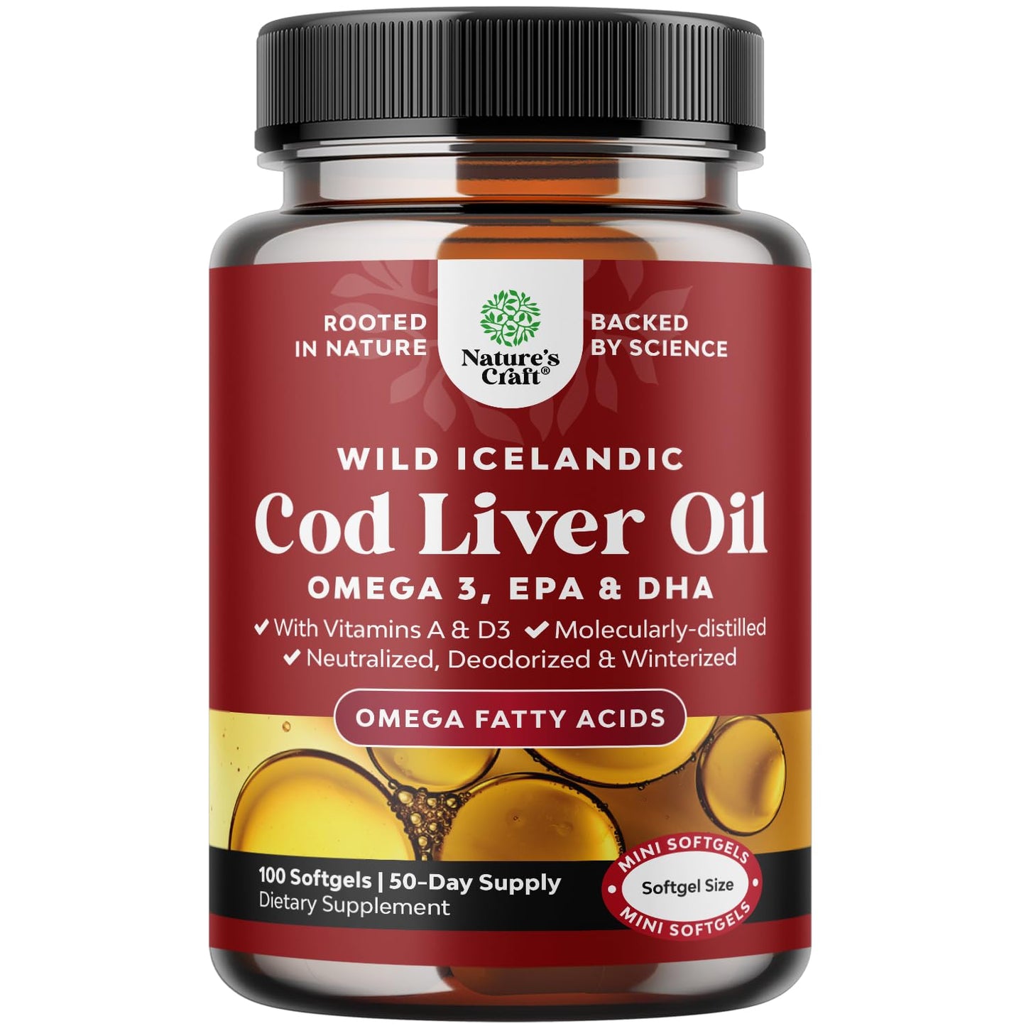Icelandic Wild Caught Cod Liver Oil Softgels - Fish Omega 3, EPA, DHA, Vitamin D & A, 1000mg Per Serving - Burpless Capsules for Heart - PrimeBioHealth - canada supplements