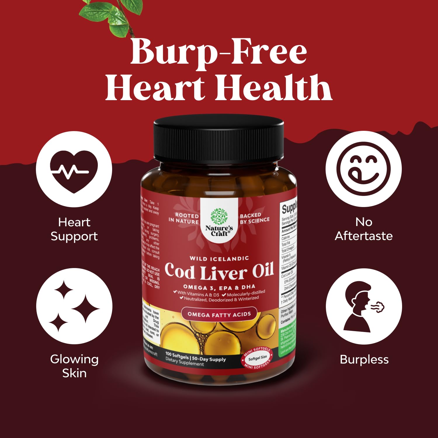 Icelandic Wild Caught Cod Liver Oil Softgels - Fish Omega 3, EPA, DHA, Vitamin D & A, 1000mg Per Serving - Burpless Capsules for Heart - PrimeBioHealth - canada supplements