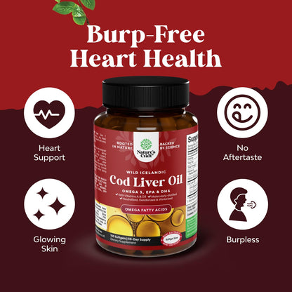 Icelandic Wild Caught Cod Liver Oil Softgels - Fish Omega 3, EPA, DHA, Vitamin D & A, 1000mg Per Serving - Burpless Capsules for Heart - PrimeBioHealth - canada supplements