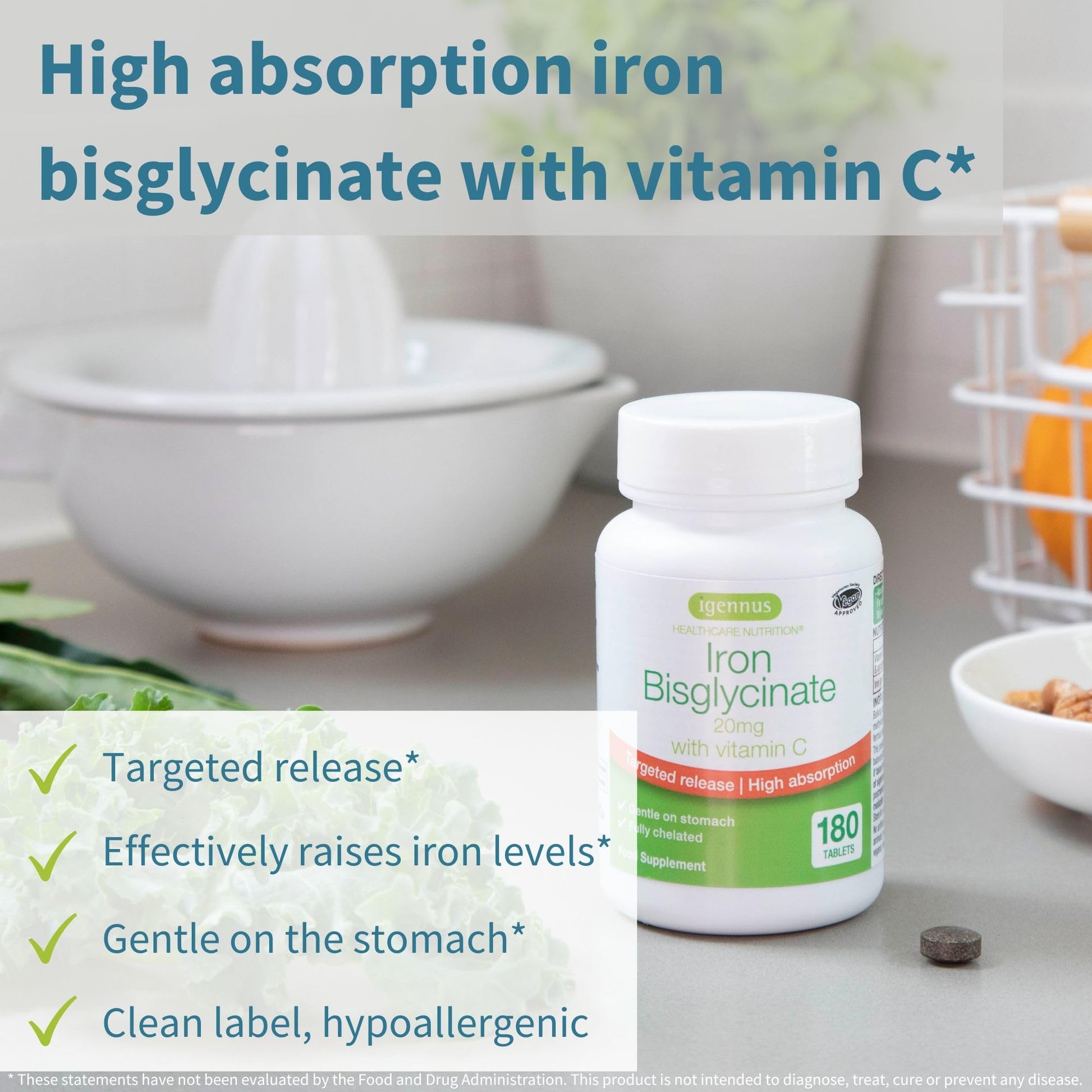Igennus Clean Iron Bisglycinate 20mg, Vitamin C, 6 Month Supply, Gentle Chelated High Absorption Formula & Targeted Release Ferrous Bisglycinate - PrimeBioHealth - canada supplements