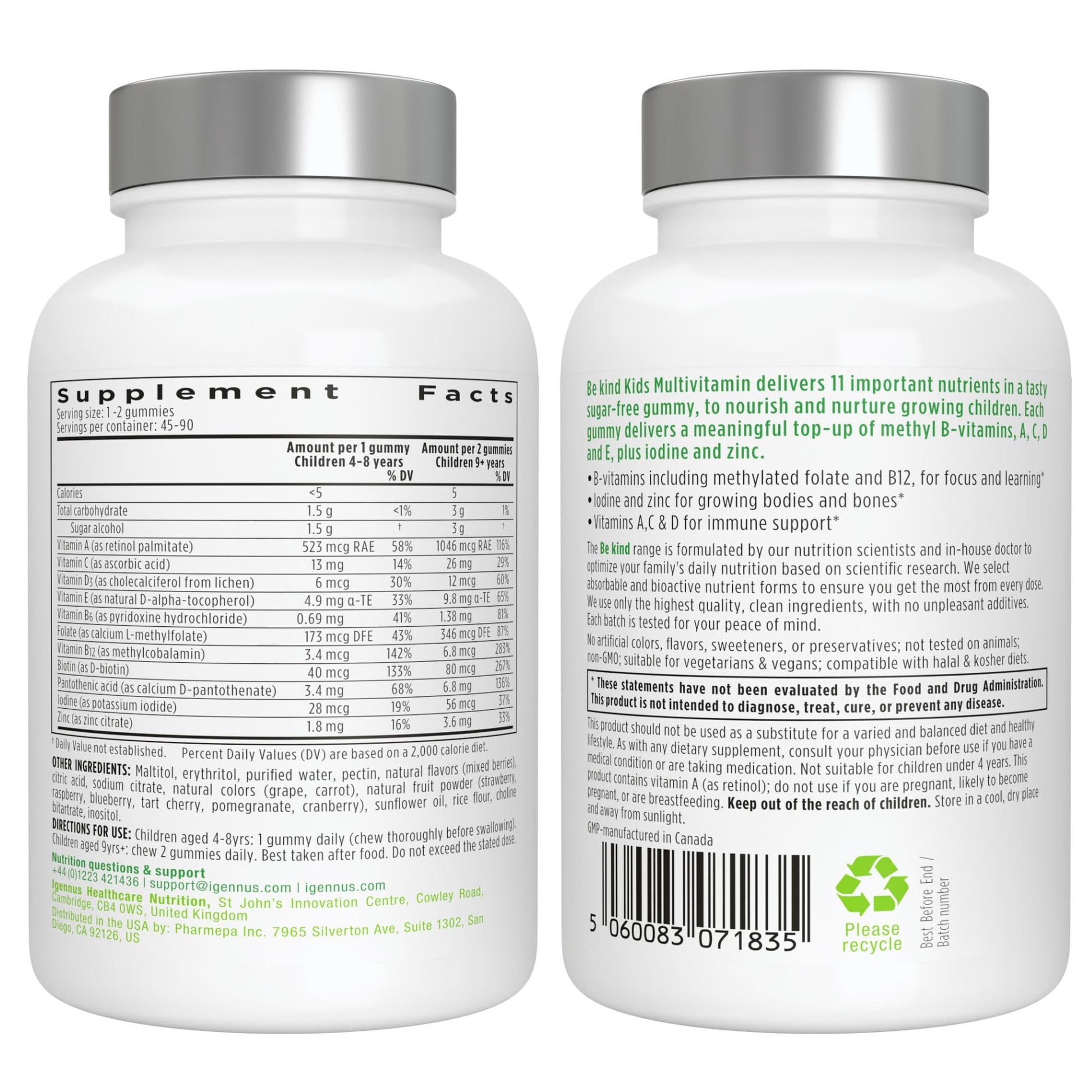 Igennus Methylated Kids Multivitamin Gummies, Clean Label & Third Party Tested, No Artificial Sweeteners or Flavors, Sugar Free, Age 4+, 90 Natural Berry Flavor - PrimeBioHealth - canada supplements