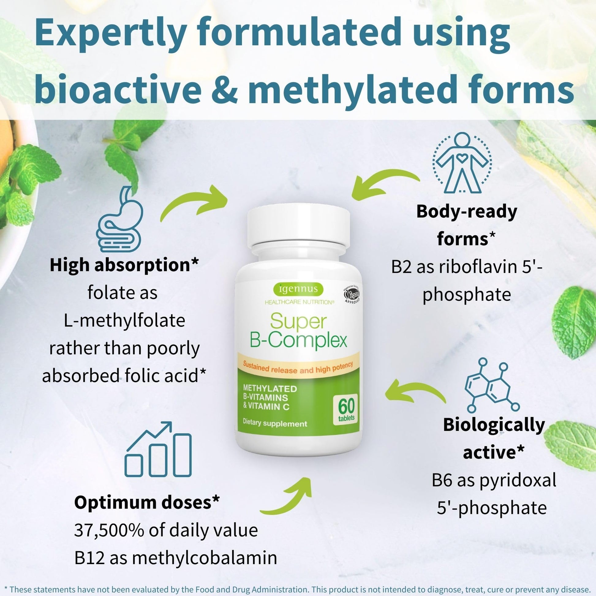 Igennus Super B-Complex Methylated B Vitamins - Sustained Release, Clean Label & High Absorption, with 5-MTHF Folate & Methyl B12, Energy, Mood & Cognitive Performance - PrimeBioHealth - canada supplements