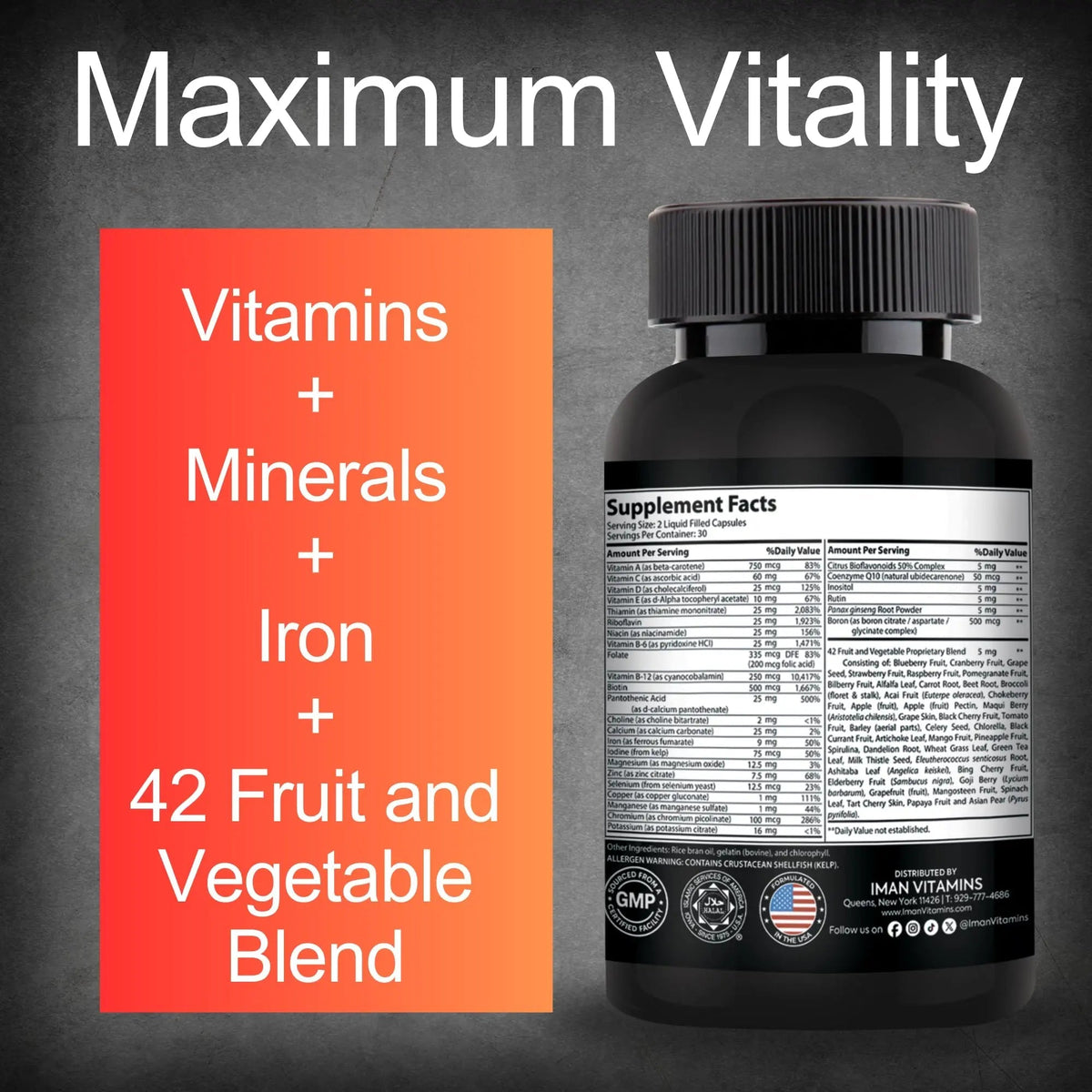 Iman Vitamins Halal Complete Multivitamin Capsules for Adults Men & Women | 42 Fruit & Vegetable Blend - PrimeBioHealth - canada supplements