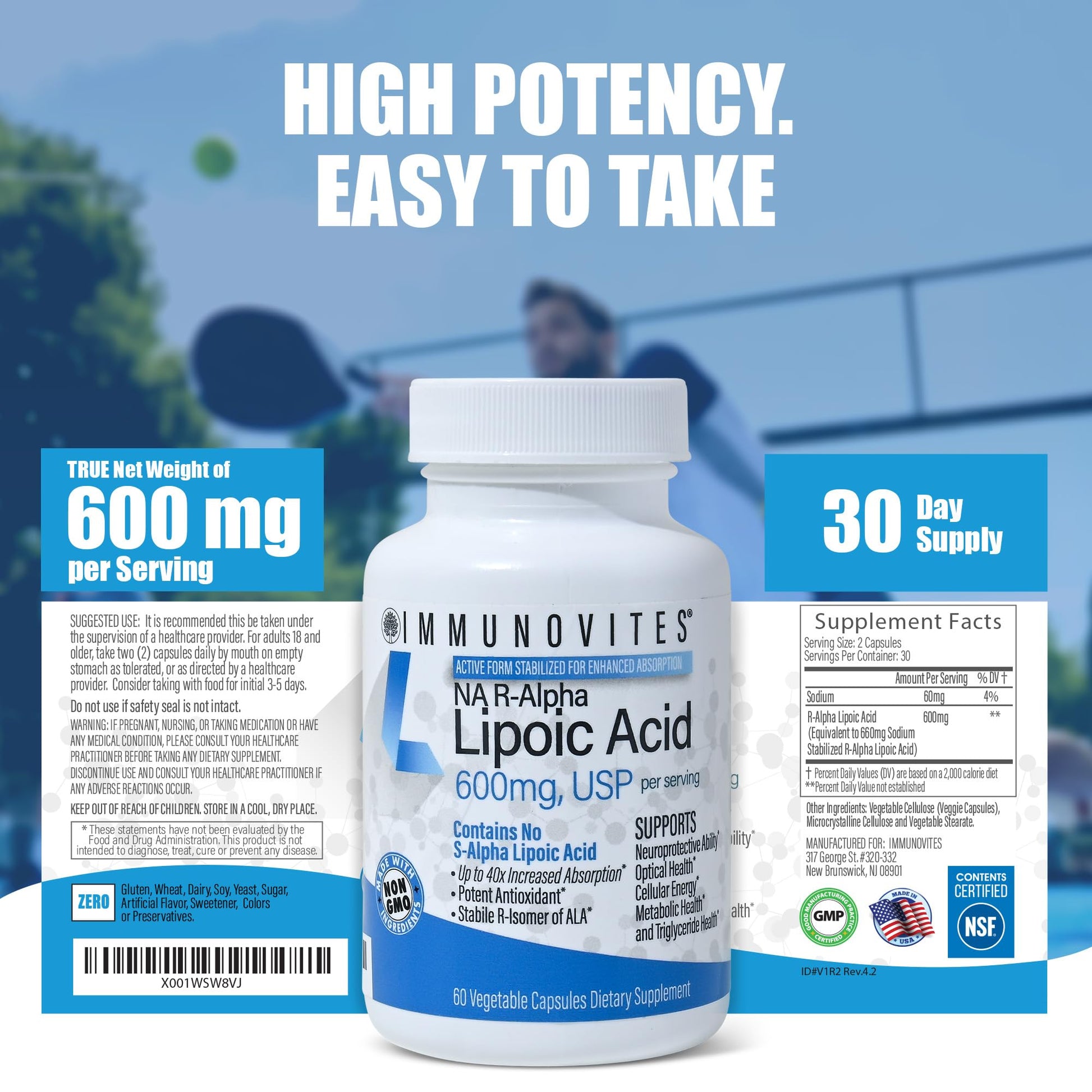 IMMUNOVITES Stabilized R-Alpha Lipoic Acid ((True)) 600mg per Serving [[High Potency & up to 40x Increased Absorption]] - PrimeBioHealth - canada supplements