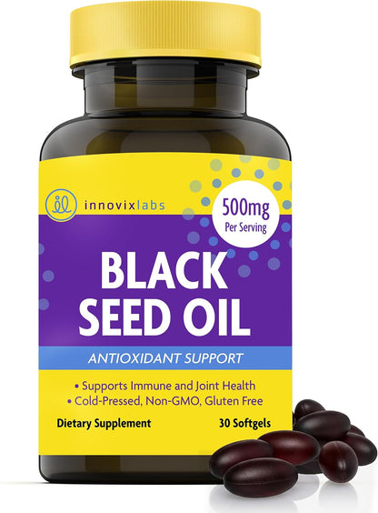 InnovixLabs Black Seed Oil Softgels, 500mg | Antioxidant Support for Immune & Joint Health | Cold Pressed Nigella Sativa Black Cumin Seed Oil | Enteric Coated for Reduced Burps | 30 Softgels - PrimeBioHealth - canada supplements