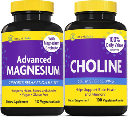 InnovixLabs Choline & Magnesium Bundle Choline Bitartrate 550mg (100 Capsules) Advanced Magnesium (150 Capsules). Supports Memory, Mood, Brain Health & Boost Cognitive.* - PrimeBioHealth - canada supplements