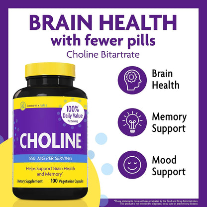 InnovixLabs Choline & Mood Probiotic Bundle Choline Bitartrate 550mg (100 Capsules) Mood Probiotic (60 Capsules). Supports Memory, Mood, Brain Health & Boost Cognitive.* - PrimeBioHealth - canada supplements