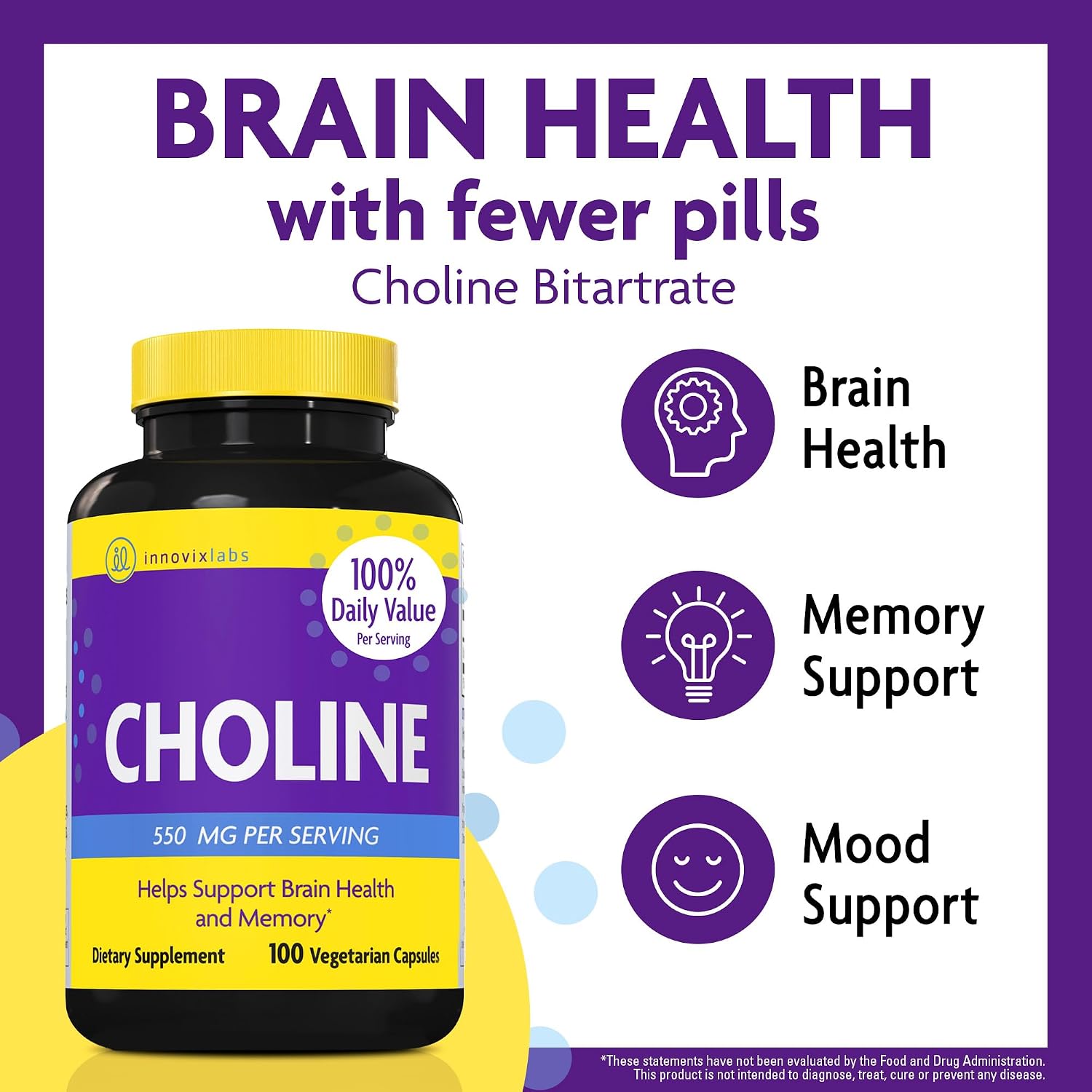 InnovixLabs Choline Supplement 550 mg, Pure Choline Bitartrate Brain Supplement for Memory and Focus, Supports Liver Function and Mental Clarity for Women and Men, Non-GMO, 50-Day Supply - PrimeBioHealth - canada supplements