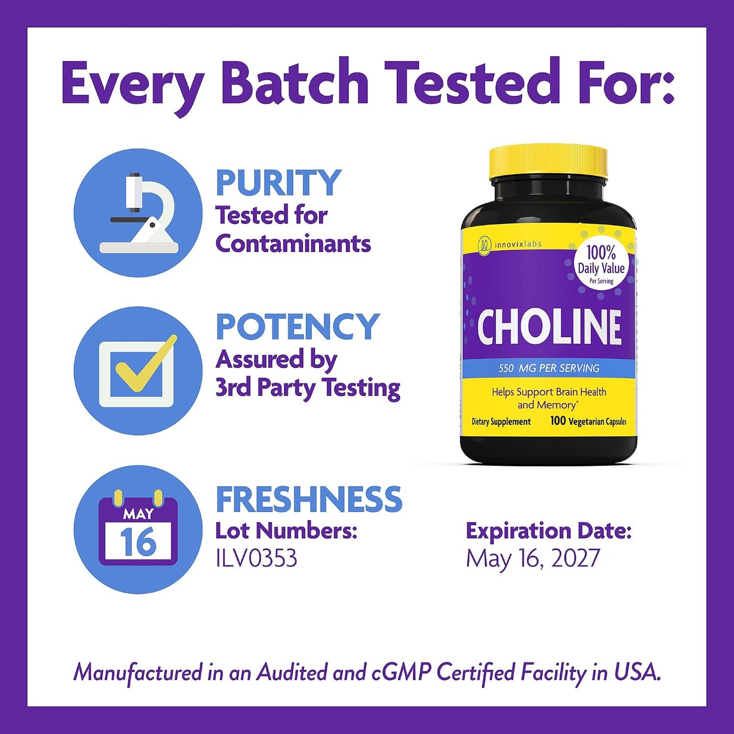 InnovixLabs Choline Supplement 550 mg, Pure Choline Bitartrate Brain Supplement for Memory and Focus, Supports Liver Function and Mental Clarity for Women and Men, Non-GMO, 50-Day Supply - PrimeBioHealth - canada supplements