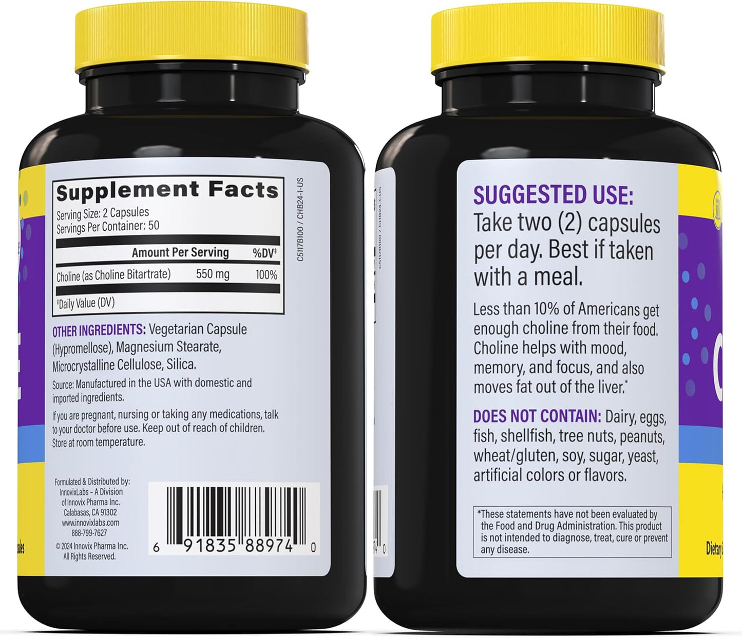InnovixLabs Choline Supplement 550 mg, Pure Choline Bitartrate Brain Supplement for Memory and Focus, Supports Liver Function and Mental Clarity for Women and Men, Non-GMO, 50-Day Supply - PrimeBioHealth - canada supplements