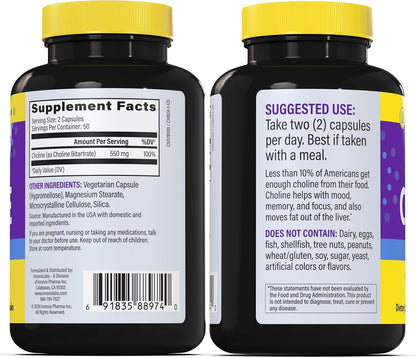 InnovixLabs Choline Supplement 550 mg, Pure Choline Bitartrate Brain Supplement for Memory and Focus, Supports Liver Function and Mental Clarity for Women and Men, Non-GMO, 50-Day Supply - PrimeBioHealth - canada supplements