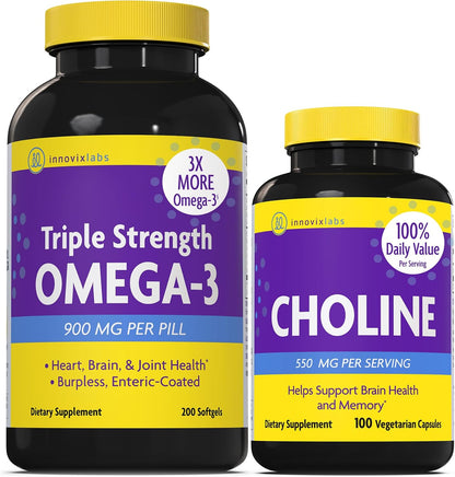 InnovixLabs Choline & Triple Omega-3 Bundle Choline Bitartrate 550mg (100 Capsules) Triple Strength Omega (200 Softgels). Supports Memory, Mood, Brain Health & Boost Cognitive.* - PrimeBioHealth - canada supplements