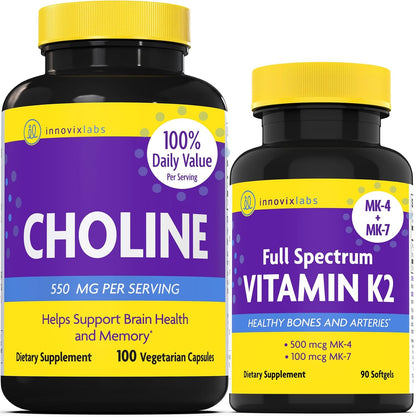 InnovixLabs Choline & Vitamin K2 Bundle Choline Bitartrate 550mg (100 Capsules) Full Spectrum Vitamin K2 (90 Softgels). Supports Memory, Mood, Brain Health & Boost Cognitive.* - PrimeBioHealth - canada supplements